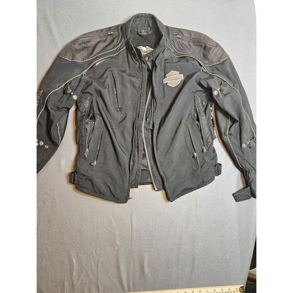 Harley Davidson Mens Jacket Small Black Skull Flames Gray Armor Reflective